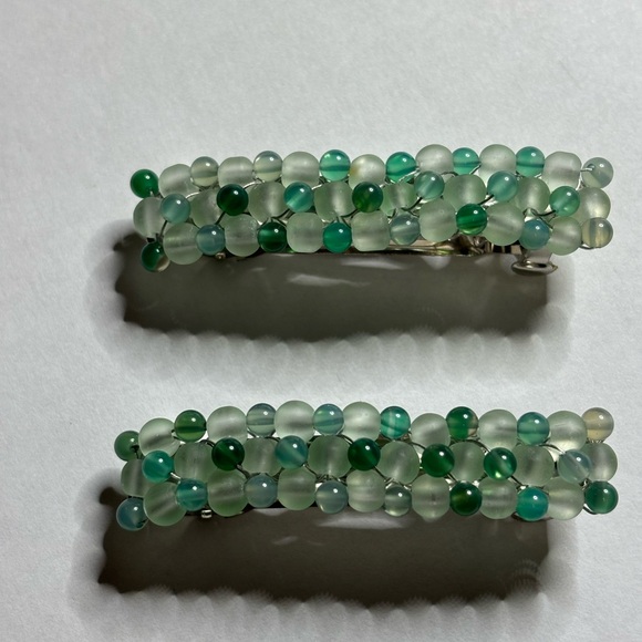 Hand Crafted Accessories - Hand crafted set of barrettes with green onyx stones and green matte glass beads